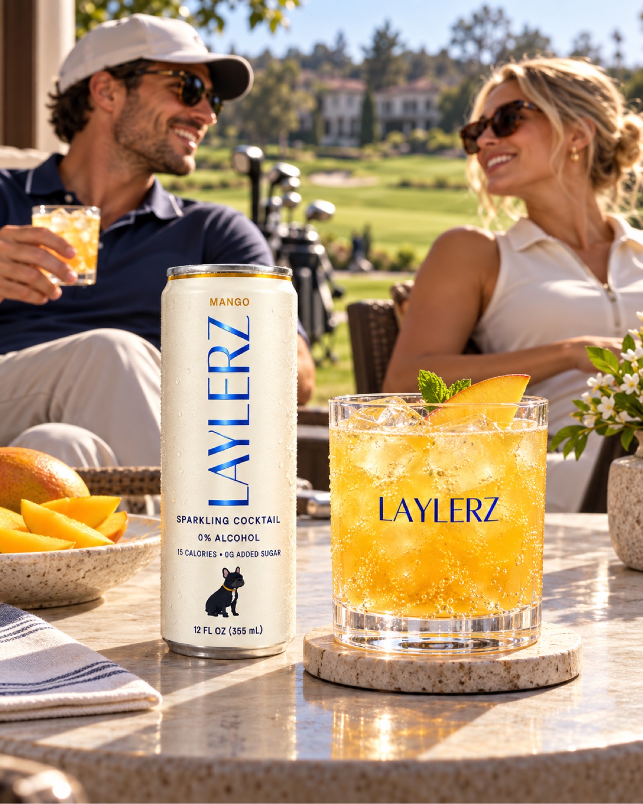 LAYLERZ Mango can and poured cocktail on the golf course